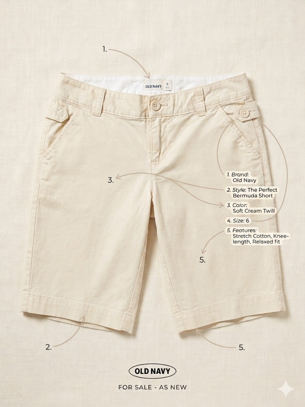 Old Navy Soft Cream Bermuda Shorts — Knee-Length Twill